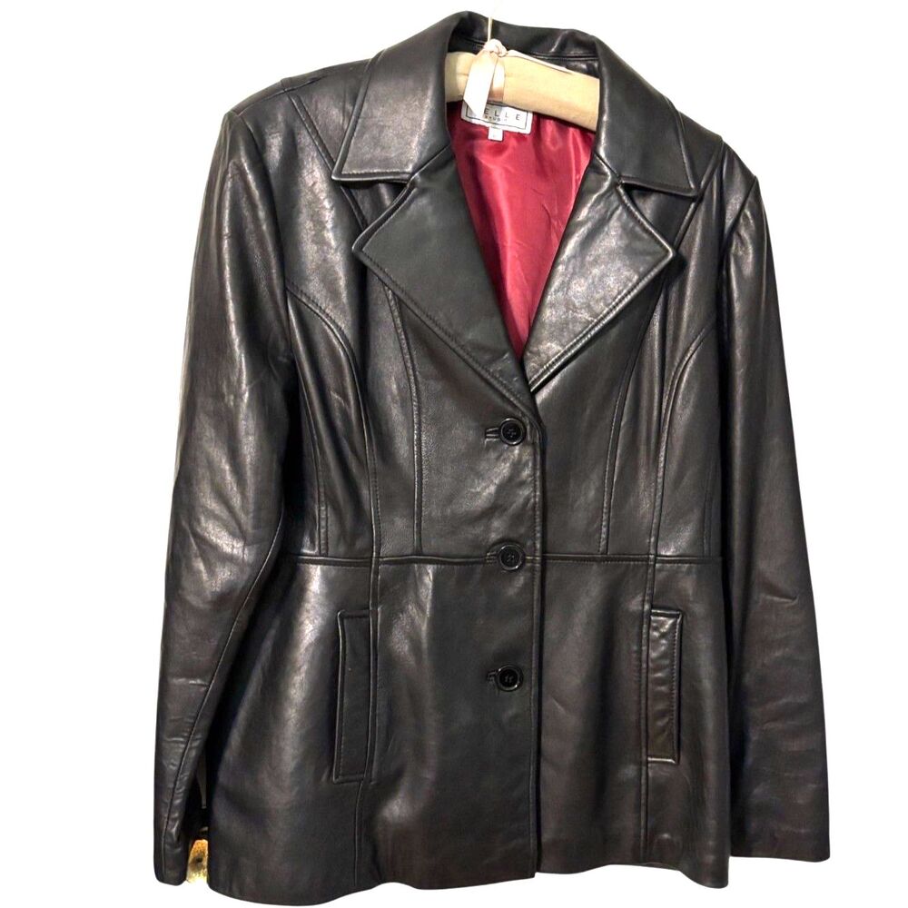 Pelle Studio Black Leather Blazer Jacket Women's Size XL Red Satin Lining